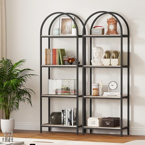Bookshelf 4 Tier Arched Bookcase, 71.3" Tall Industrial Open Book Shelves for Living Room, Modern Freestanding Display Shelving Storage Rack Metal Frame, Office, Bedroom, Grey