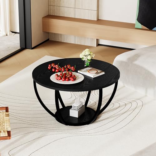 Round Coffee Table,Wooden 2-Tier Circle Coffee Tables with Storage Shelves,Accent Center Table for Living Room, Sofa Table for Home Office, Black
