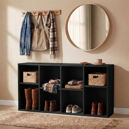 Modern TV Stand for Televisions up to 55 Inch, Mid Century Entertainment Center with 8 Open Shelves for 32/43/50/55 Inchs TVs, Media Console with Adjustable Shelves for Living Room, Black