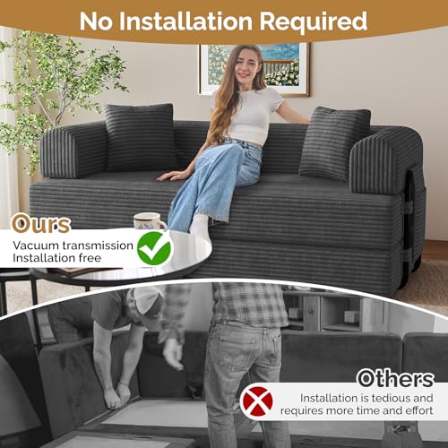 Convertible Coarser Corduroy Sleeper Sofa Bed with Cylindrical Pillow, Folding Mattress Couch with Fixed-Shape Frame, Floor Sofa Lounge Couch for Living Room Bedroom Lounge Studio, Dark Grey