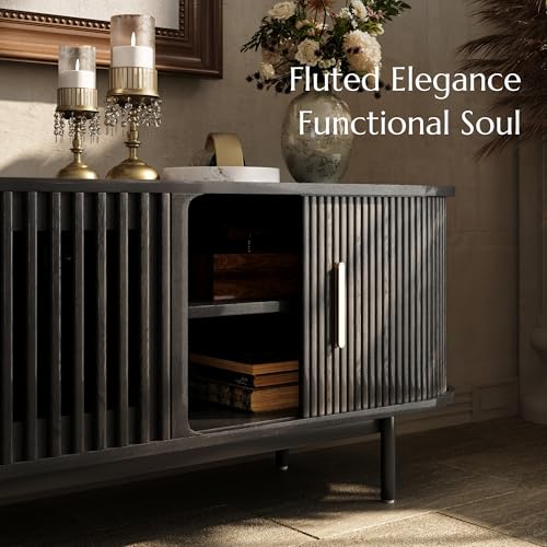 Fully-Assembled Mid Century Modern TV Stand for 75+ inch TV, Sliding Door Entertainment Center with Storage, Wood TV Console, Media Console for Living Room Bedroom(Black, 94.49")