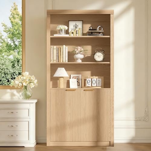 Modern Tall Book Shelf and Bookcase, 31.5"Wide Bookshelf with Doors, Farmhouse Book Case with Adjustable Top Shelf, Wood Storage Cabinet with 5 Tier Display Shelves for Home Office, Living Room,Oak