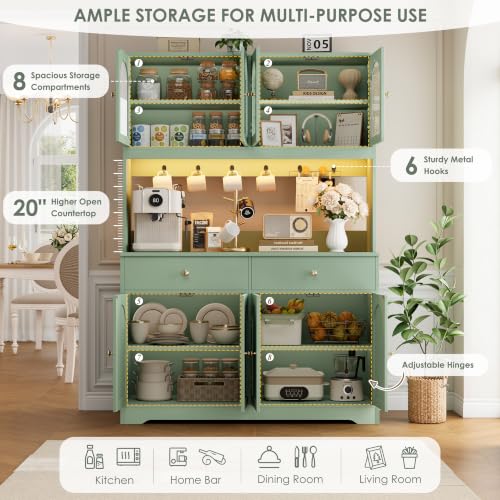 71" LED Kitchen Pantry Cabinet with Power Outlet, Tall Hutch, Green, view 8
