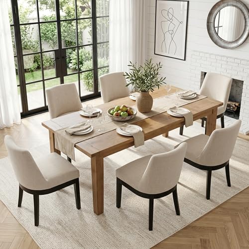 Modern Dining Chairs Set of 6 with Comfortable Back Support, Farmhouse Soft Linen Upholstered Dining Room Chairs with Black Solid Wood Legs, Armless Kitchen Side Chairs for Living Room, Beige