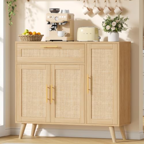 Kitchen Buffet Cabinet with 3 Doors, Rattan Storage Cabinet, view 2