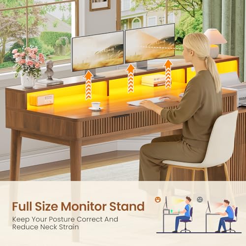 Modern Office Desk with 4 Drawers, 59" Fluted Gaming Computer Desk with Storage, view 7