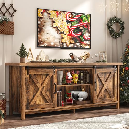 Farmhouse TV Stand for 65 Inch TV with Sliding Barn Door, Rustic Wood Entertainment Center Large Media Console Cabinet Long Television Stands,Console Table and Media Furniture for Living Room(Brown)