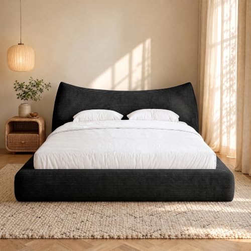 Queen Corduroy Cloud Bed Frame with Cat-Ear Design, Black, view 7