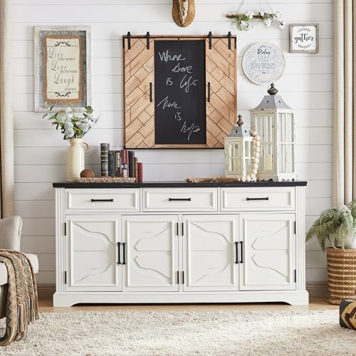 66" Farmhouse Buffet Cabinet with Storage, Sideboard Credenza with 4 Door Cabinets, Adjustable Shelves & 3 Drawers, Coffee Bar Cabinet for Dining Room, Kitchen, Living Room, Off White
