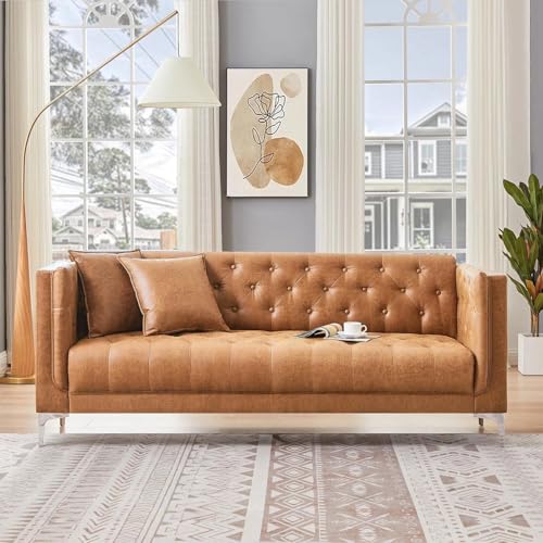 79" W Brown Faux Leather Sofa with 2 Pillows, Couches for Living Room | Modern 3-Seater Chesterfield Sofa for Apartment, Office, Handmade Button Tufted Cushions and Solid Metal Legs