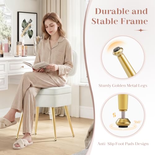 MALOL Velvet Vanity Makeup Chair with Storage and Back, Cute Vanity Stool Desk Chair No Wheels Ottoman for Dressing Bedroom Closet, Adjustable Golden Metal Legs, Beige