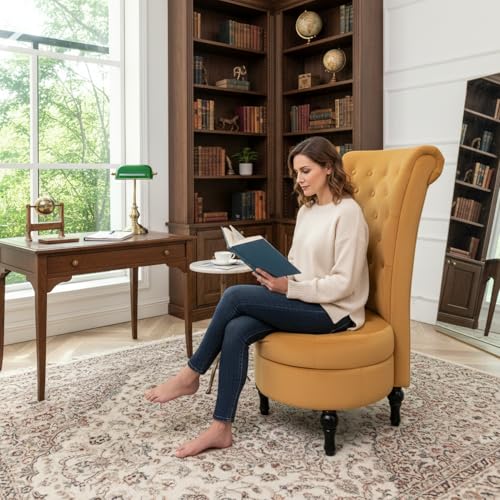 Royal High-Back Velvet Accent Chair for Vanity with Storage and Luxurious Upholstery, Retro Design and Versatile Usage for Livingroom, Bedroom, Lounge and Office, Yellow