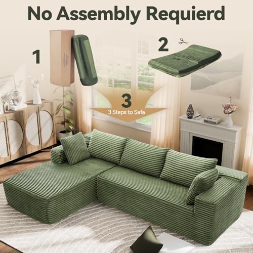106" Modular Sectional Sofa, Green Corduroy Cloud Couch with Right Chaise, Deep Seat Boneless Floor Sofa for Living Room, High-Resilience Foam Support, No Assembly Required, Includes Pillows | Sectional Sofa