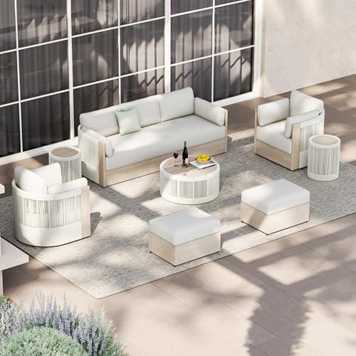 CHITA Outdoor Furniture Set 4 Piece, 5-Seats Patio Conversation Set | 3-Seater Sofa, 2 Swivel Chairs, 1 Coffee Table, FSC Certified Acacia Wood, 7.9in Thickened Seat Cushion, Fully Assembled