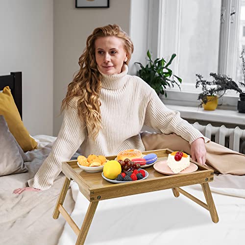 Acacia Bed Table Tray, Wooden Breakfast Tray with Folding Legs, Bed Tray for Eating and Laptop, Eating Trays for Bedroom