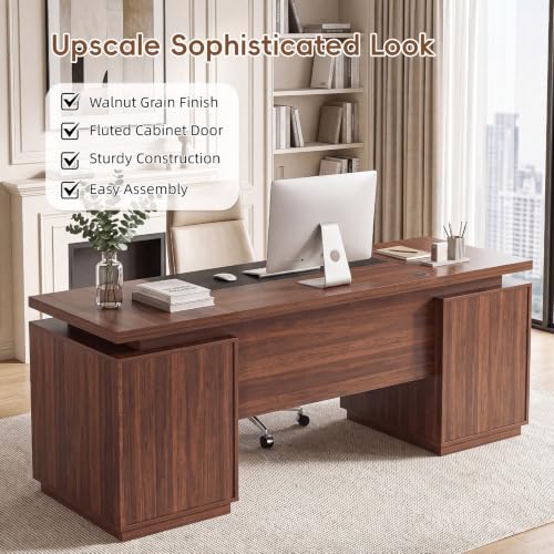71" Office Desk with Storage, Fluted ExecutiveDesk with Drawers, Walnut, view 8