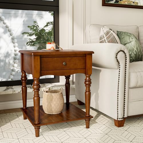 End Table with Drawer and Storage Shelf, Solid Wood Sofa Side Table, Square Beside Table, Telephone Table for Living Room,18.9"L x 18.9"W x 24"H, No-Tools Assembly, Caramel Brown BZ-C008-DR