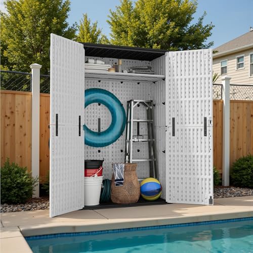 50 Cu Ft Plastic Outdoor Storage Cabinet, White | Vertical Resin Storage Shed with Lockable Door, Waterproof Shed for Patio Furniture Pool Toy, Garden Tool, Shelf Not Included