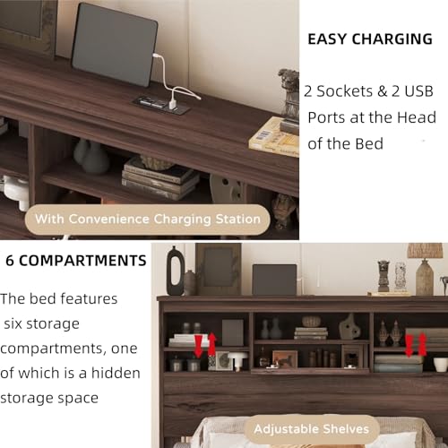 4-Pcs Queen Size Bed Frame & Dresser & 2 Night Stand Bedroom Set, Platform Bed with USB Charging Ports Storage Headboard, Cabinet Dresser with 5 Drawers, Nightstands, Wooden, Dark Walnut