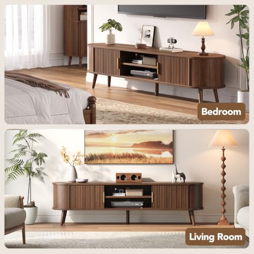 Mid Century TV Stand for TVs up to 80" with Fluted Sliding Doors, view 8