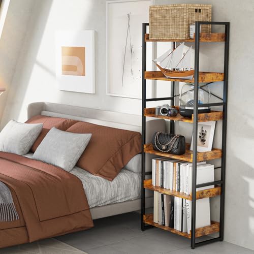 Cheersstar 6-Tier Bookshelf, 6 Tier Industrial Bookcase, Standing Bookshelves, Tall Display Rack with Steel Frame for Living Room, Bedroom, 11.8 x 20 x 69 Inches, Rustic Brown