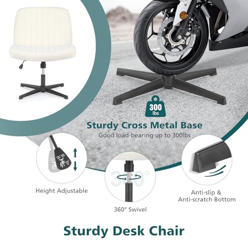 Criss Cross Chairs Armless No Wheels Wide Seat Cross Legged Height Adjustable Swivel Rolling Padded Teddy Fleece Cute Home Office Desk Seating for Bedroom, Study Room, Teddy Beige No Wheel