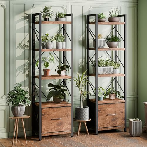 Bookshelf, 5 Tier Bookcase with Drawer, Modern Tall Bookshelves Storage Organizer, Industrial Book Shelves for Bedroom, Living Room, Office, Rustic Brown
