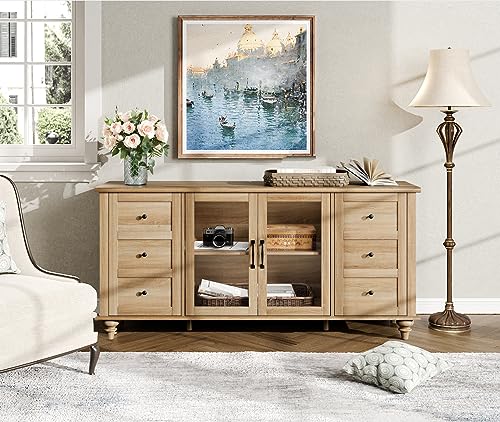 Farmhouse Buffet Cabinet with Glass Door, Wooden Sideboard, Oak, 58”, view 8