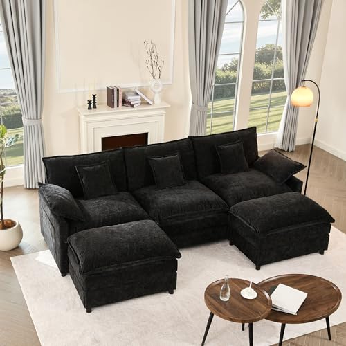 108" U-Shaped Modular Cloud Couch, Deep Seat, Chenille Black | Cloud Comfort, Couches for Living Room, Removable & Machine-Washable Covers, Movable Ottoman, Modular Sectional Sofa