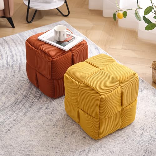 15" Square Woven Corduroy Ottoman Footrest - Modern Vanity Stool for Living Room & Entryway, Eco-Friendly Wood Frame, No Assembly (Yellow)