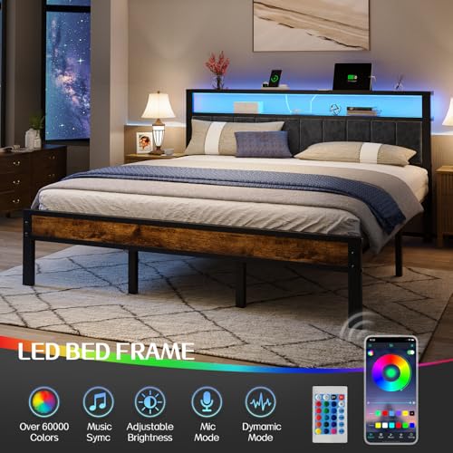 King Size Bed Frame with LED Lights, Upholstered Headboard, view 7