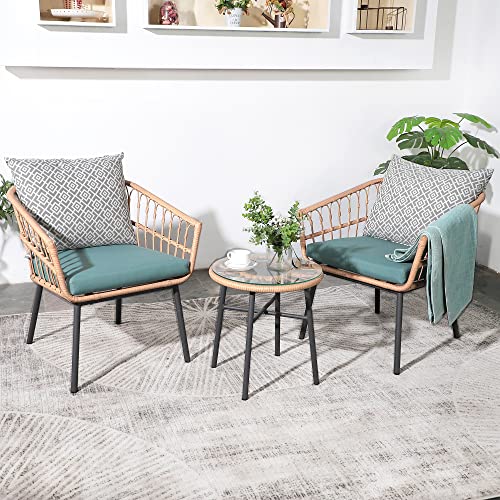 3 Piece Patio Furniture Outdoor Conversation Bistro Set with Tempered Coffee Table and Wicker Chairs for Garden Balcony Backyard Yard Poolside, Green (QX-MA-WF-001)