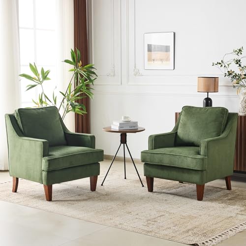 Mid-Century Modern Accent Chairs Set of 2, Green Upholstered Armchair Comfy Sofa Chairs Reading Chair High Back for Living Room Bedroom Furniture Apartment