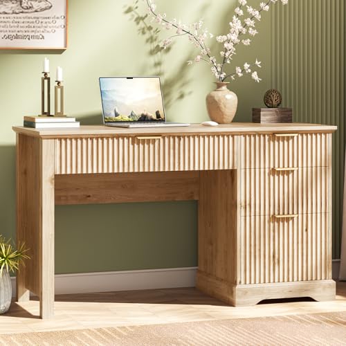 Fluted Executive Desk with Drawers, Wood Computer Desk with Ample File Drawer, Home Office Desk with Storage for Study, Bedroom, Living Room, Oak