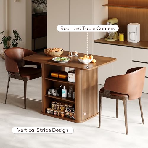 Dining Table for 4, Small Rectangular Kitchen Table for 2 with 3-Tier Storage Shelf, Farmhouse Modern Fluted Wood Table (Walnut)