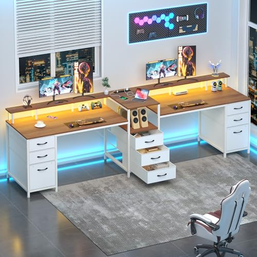 98.4" Long Computer Desk with 9 Drawers, 2 Person Gaming Desk with LED Lights & Power Outlet, Two Person Home Office Desk with Storage, Printer Shelf & Monitor Stand, Brown and White