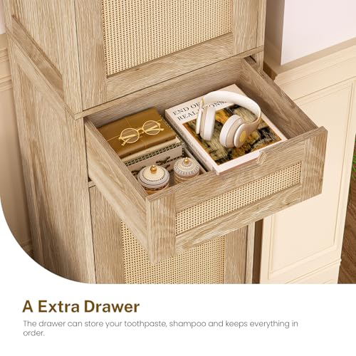 67" H Tall Storage Cabinet with 2 Rattan Doors and 1 Drawer, Narrow Rattan Cabinet with Adjustable Shelves, for Living Room, Entryway, Kitchen, Natural