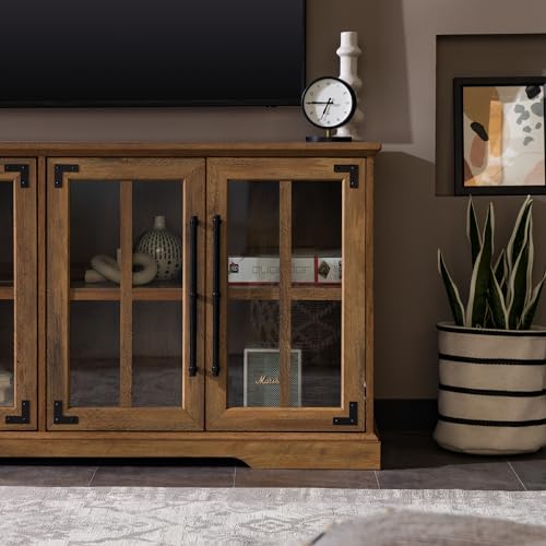 Farmhouse Barn Glass Door Wood Universal TV Stand for TV's up to 64" Flat Screen Living Room Storage Cabinet Doors and Shelves Entertainment Center, 58 Inch, Rustic Oak