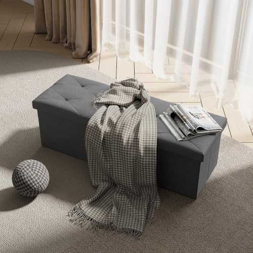 43'' Folding Storage Ottoman Bench, Storage Chest, Linen Fabric Foot Rest Stool, 158L Storage Footstools for Bedroom and Living Room, Holds up to 660 lbs, DGray