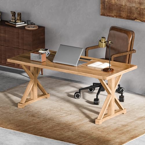 59.1" Solid Wood Executive Desk, Rustic Farmhouse Home Office Desk with X-Trestle Base, Compact Writing & Computer Table for Home Office or Study Room