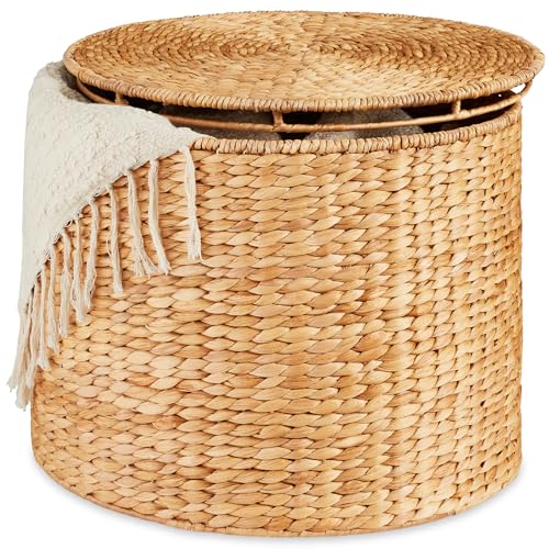 Best Choice Products Large Round Storage Ottoman W/Lid, Handwoven Water Hyacinth Footstool, Accent Stool, Side Table, Storage Container, Plant Stand For Living Room, Office, or Bedroom - Natural