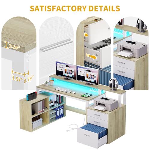 L Shaped Desk with Drawers, 65" Computer Desk with Power Outlets & LED Lights, Corner Home Office Desk with Storage Shelves & Printer Stand, White & Oak