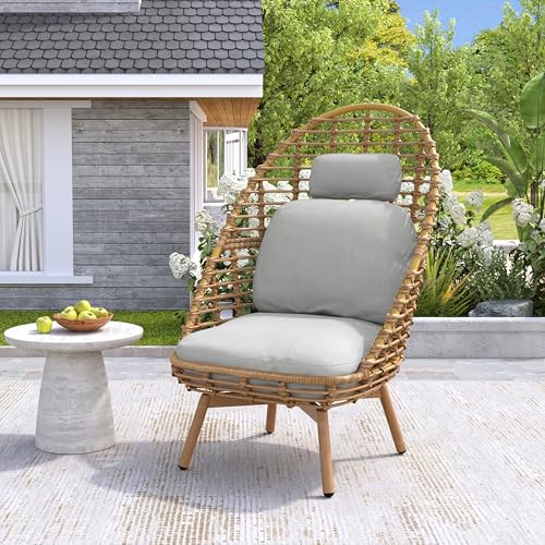 Ellis Swivel Lounge Chair Outdoor, High Back Comfy Reading Chair with Cushion, Iron Frame Wicker Accent Chair, Single Sofa Chair Patio Furniture Set, Light Brown+Light Gray