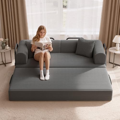 Convertible Coarser Corduroy Sleeper Sofa Bed with Cylindrical Pillow, Folding Mattress Couch with Fixed-Shape Frame, Floor Sofa Lounge Couch for Living Room Bedroom Lounge Studio, Dark Grey