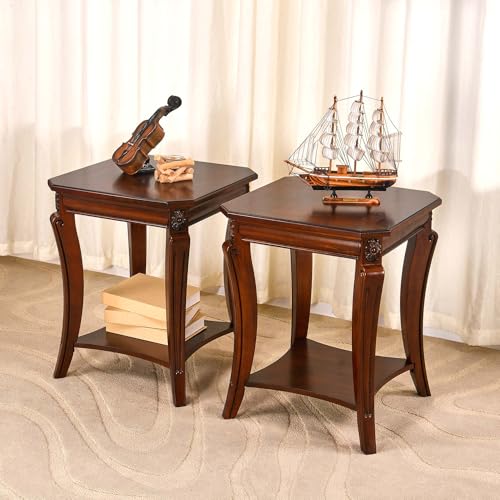 Set of 2 Solid Wood End Table for Living Room, 2-Tier Square Cherry Wood Nightstand, Mid Century Queen Anne Style Antique Side Table, 19.7" D x 19.7" W x 23.8" H, Cherry Walnut CJZ-A1168-WD