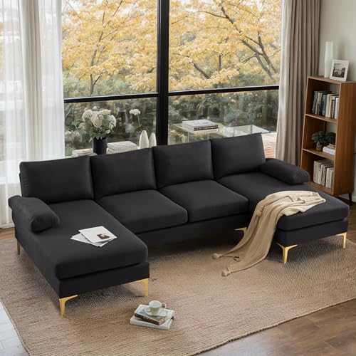 110" Modern Sectional Couch with 51" D Double Chaise, Black Deep Seat U Shaped Couch with Removable Pillows & Metal Legs, Comfy 4-Seat Sofas for Living Room, Linen Fabric