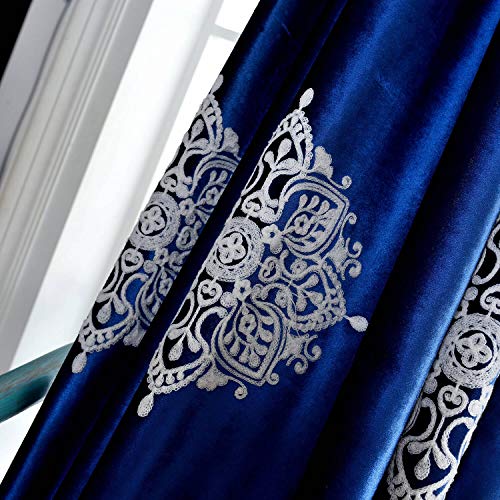 Blackout Curtains 84 Inches Long for Bedroom, White Flowers Embroidered Room Darkening Window Drapes for Living Room, 52x84, 2 Panels, Dark Blue