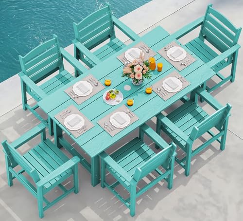 7-Piece Patio Table Set, Outdoor HDPE Dining Furniture with Umbrella Hole, All Weather Table and Chairs for Lawn, Garden, Poolside, Aruba
