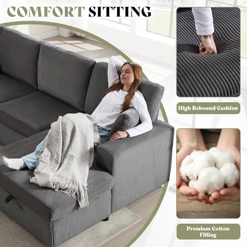 129 Inch Sectional Couches for Living Room,Sectional Sofa with Storage & Ottoman,Modular Sectional Couch Converts to Sleeper,Cloud Couch Sectional for Large Space with Corduroy,Grey