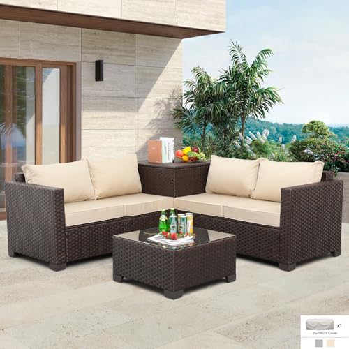 Wicker Patio Furniture Set 4 Pieces Outdoor Sectional Conversation Sofa Set with Storage Box and Glass Table with Cushions and Furniture Covers, Khaki